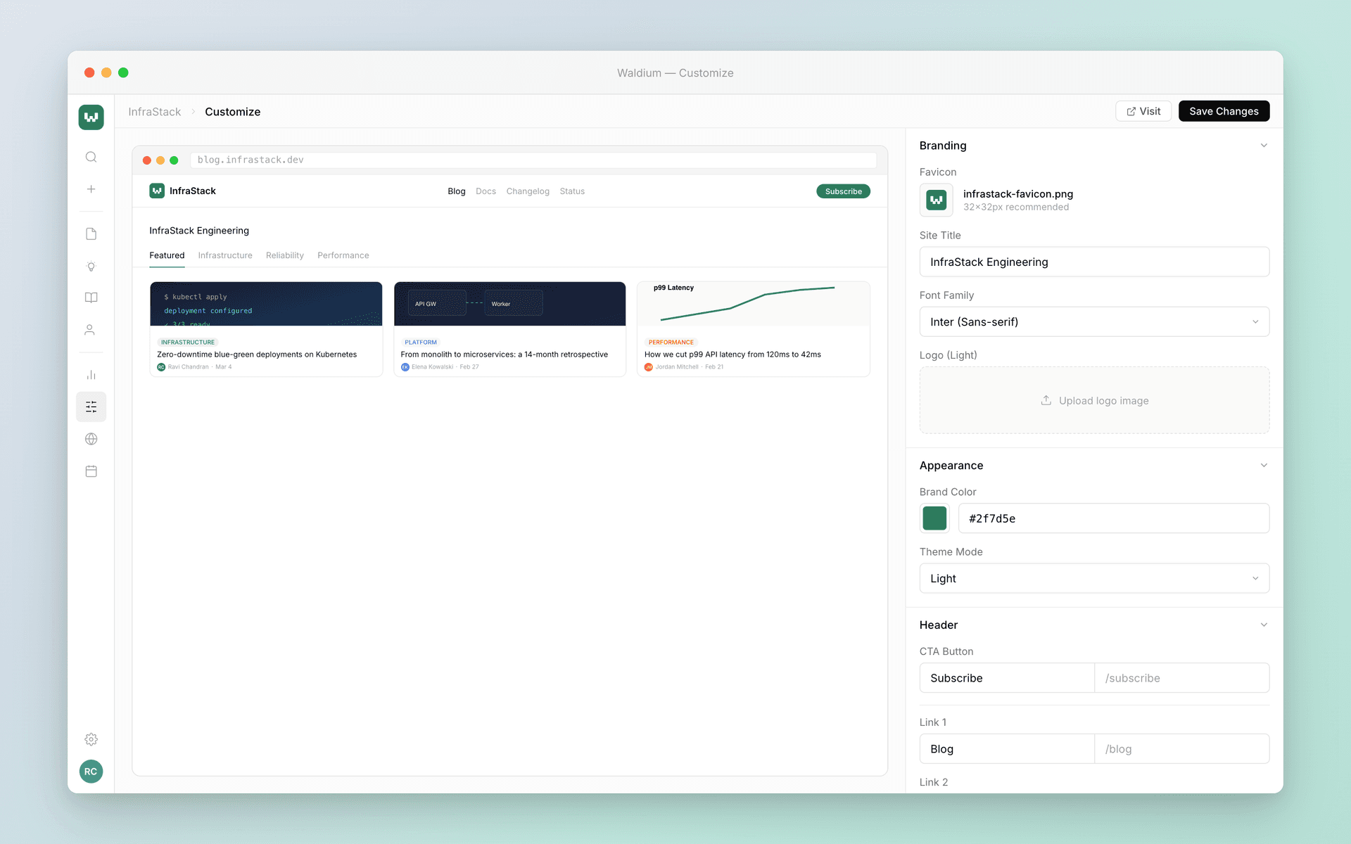 The Waldium admin dashboard showing branding controls alongside a live preview of the customer blog